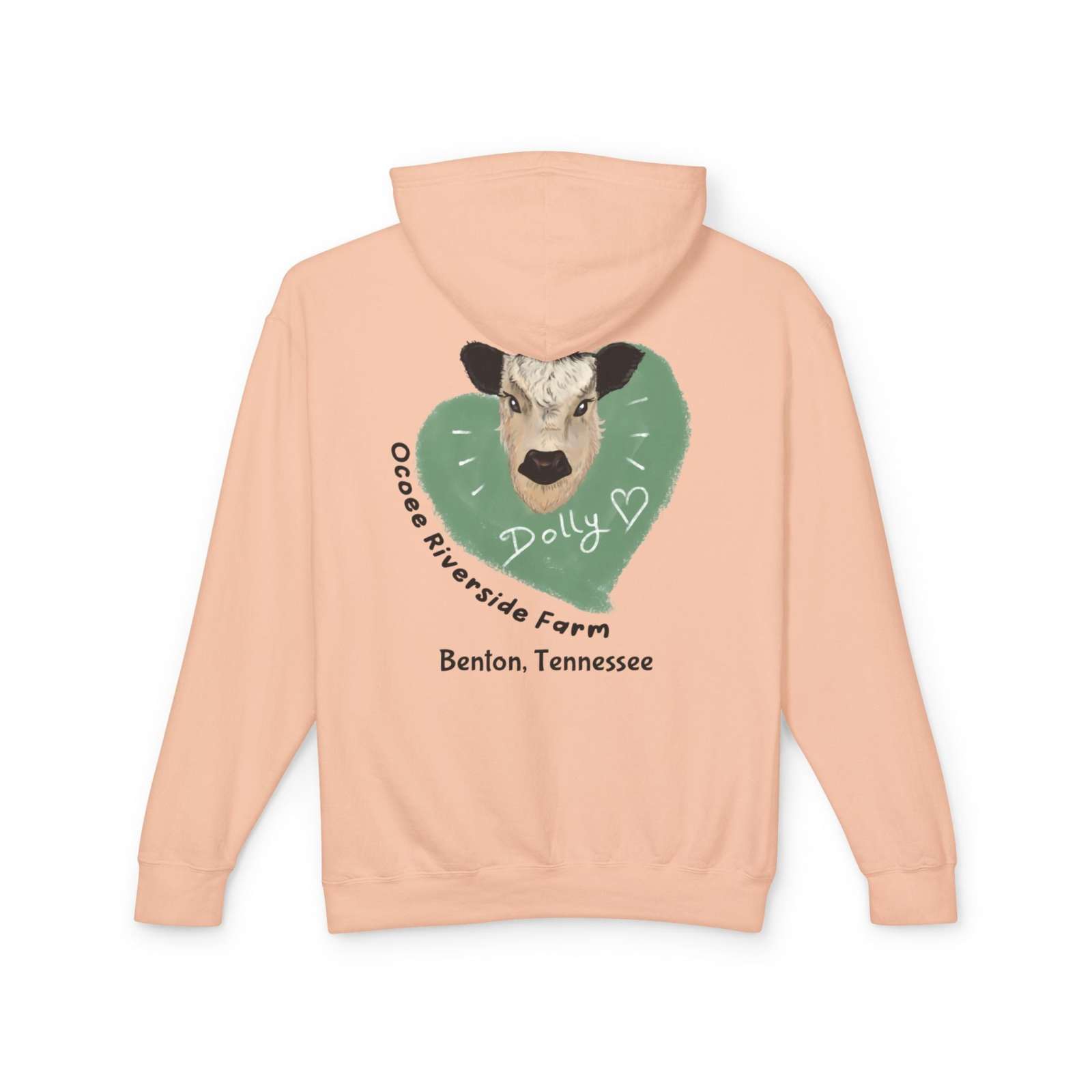 Peach Cozy Cow Hoodie with farm-inspired cow graphic and text on back, lightweight and casual sweatshirt