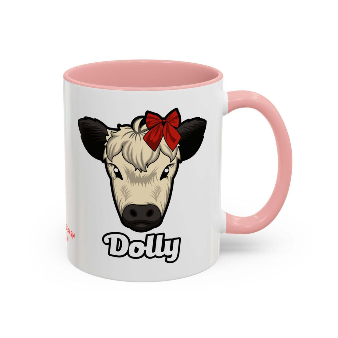 Farm Animal Coffee Mug featuring Dolly the cow with a red bow on a white ceramic mug with pink handle and interior