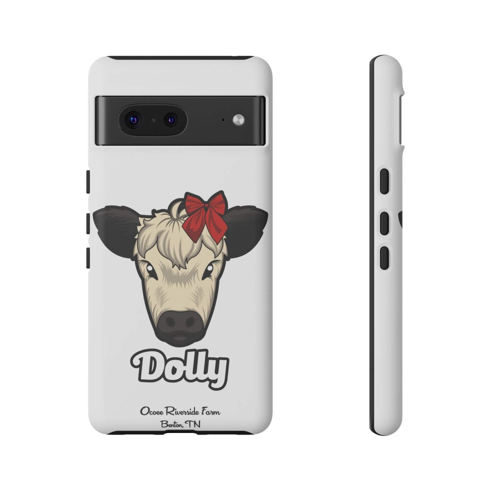 Farmhouse Chic Phone Case featuring Dolly the cow with a red bow and rustic farmhouse design on durable protective shell
