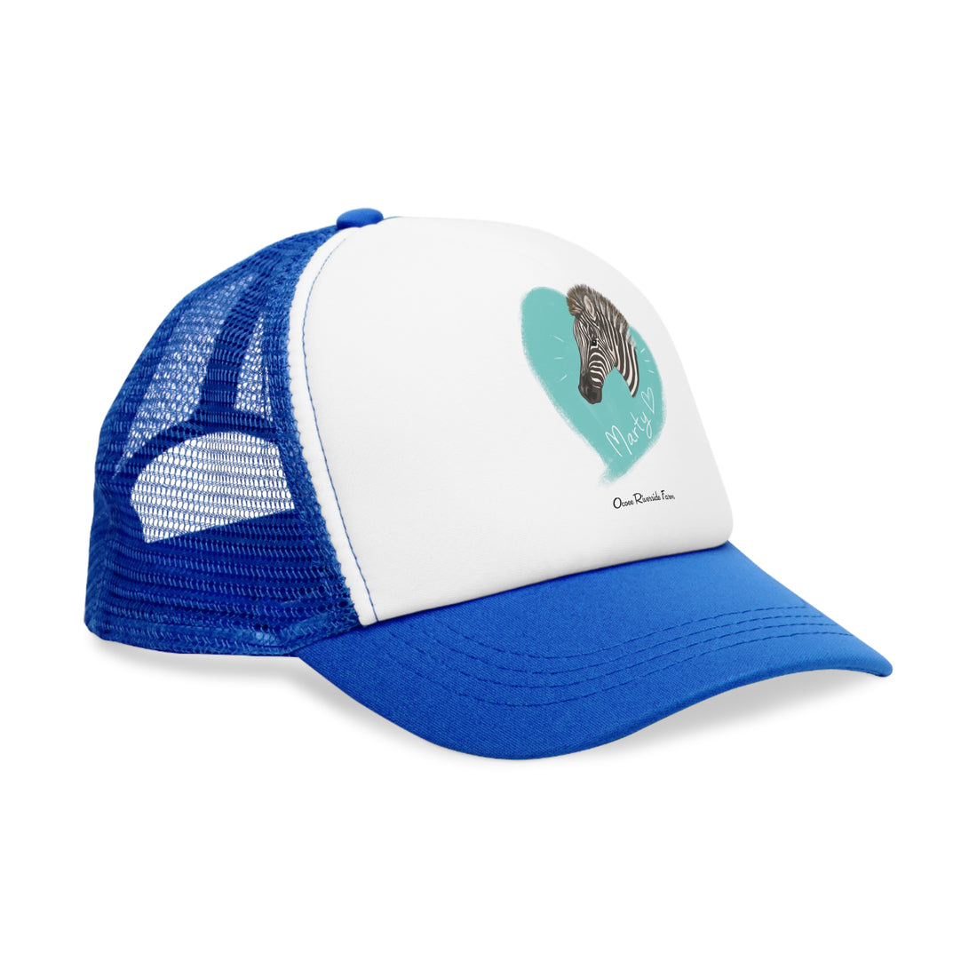 A zebra adorned with the word "Marty" creatively integrated into its stripes at Ocoee Riverside Farm Trucker Cap