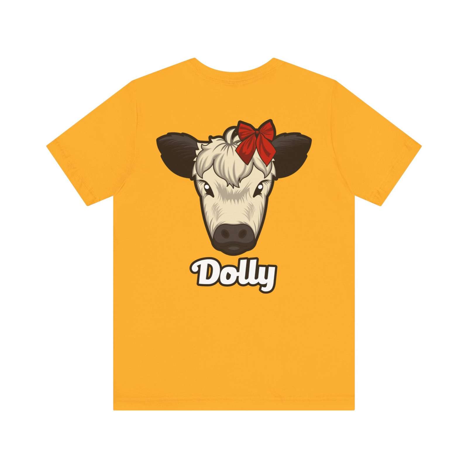Yellow Country Cow Graphic Tee featuring a cow named Dolly with a red bow on the back