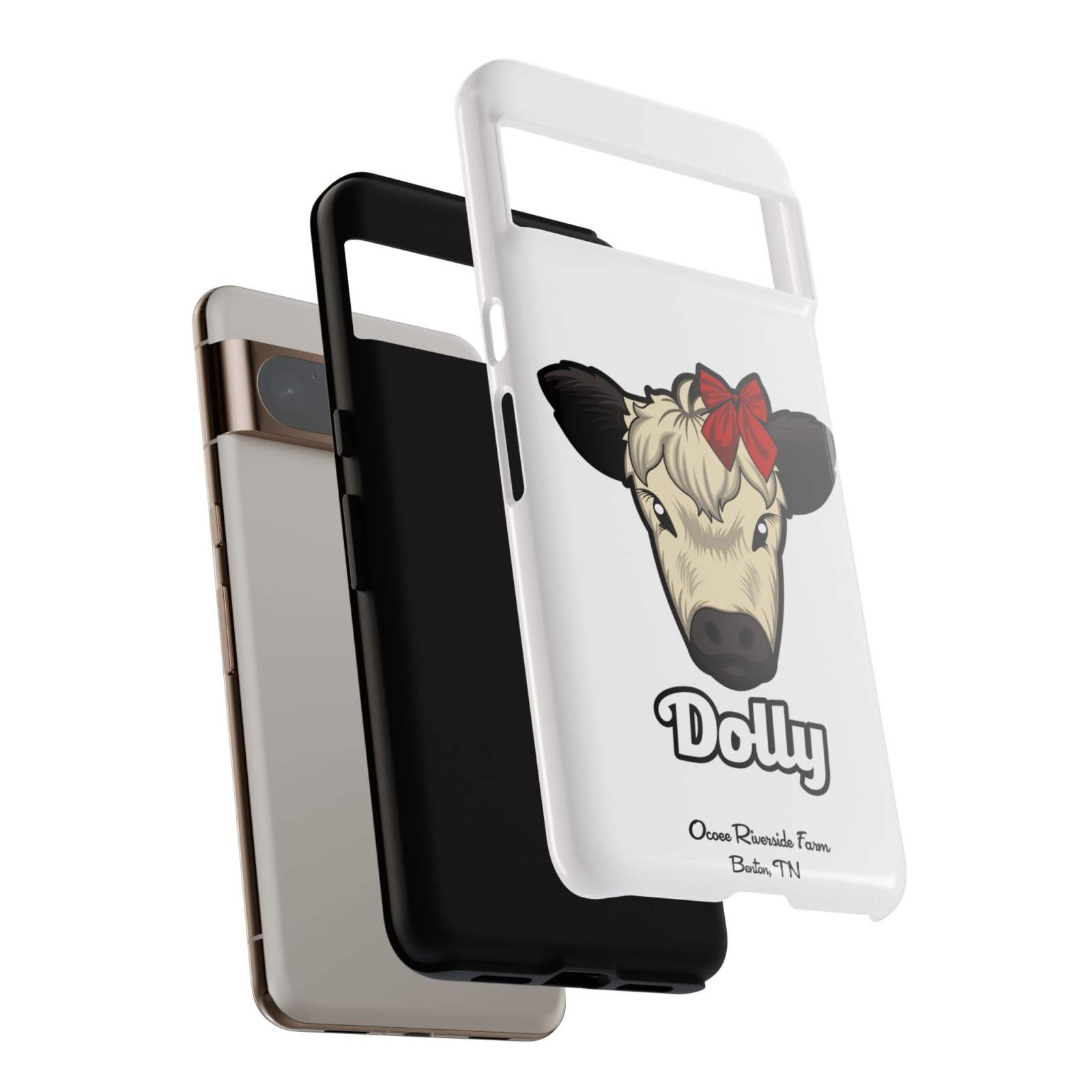 Farmhouse Chic Phone Case featuring Dolly the cow with a red bow, rustic charm design.