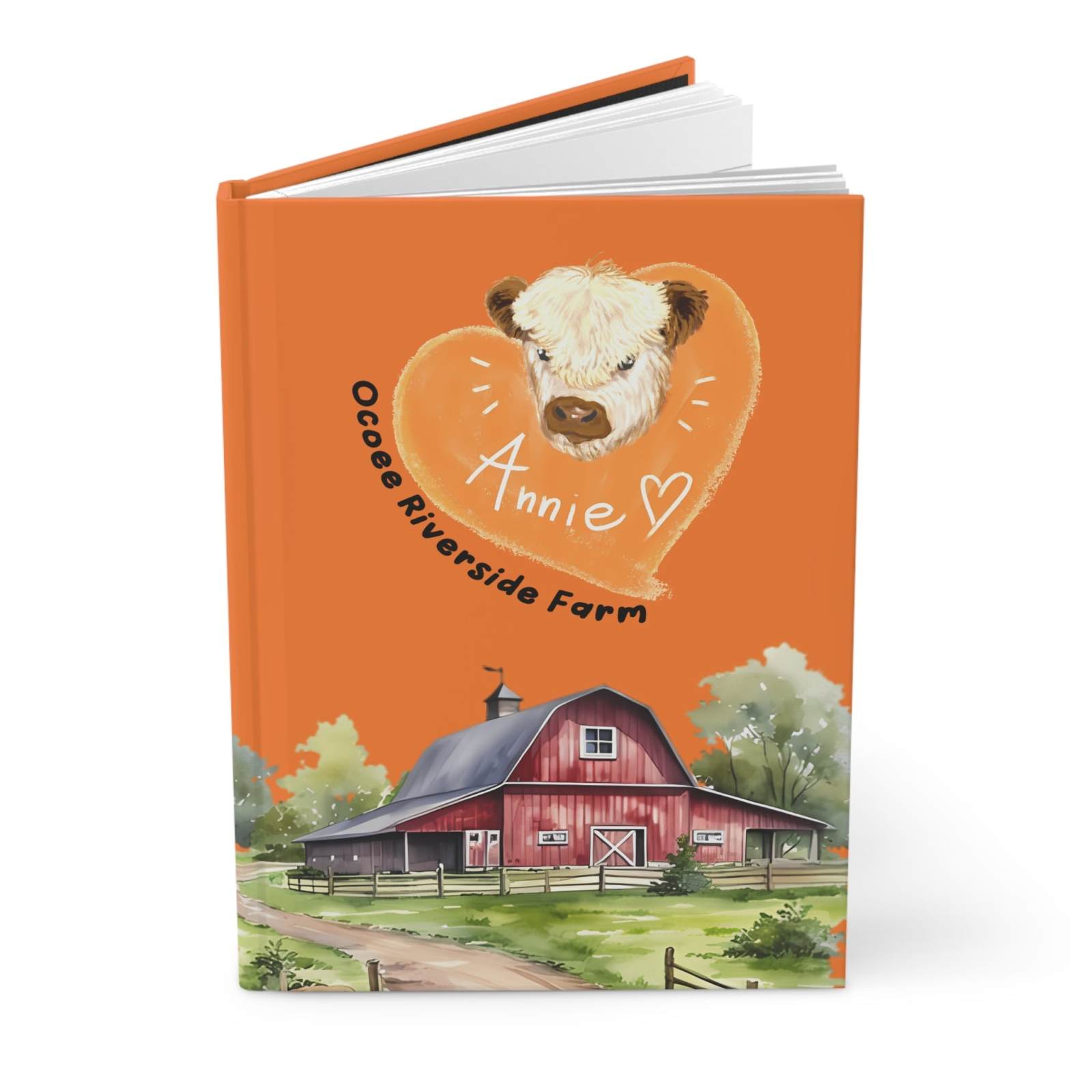 Farm Hardcover Journal with orange cover featuring a cow illustration and rustic barn scene for farm lovers