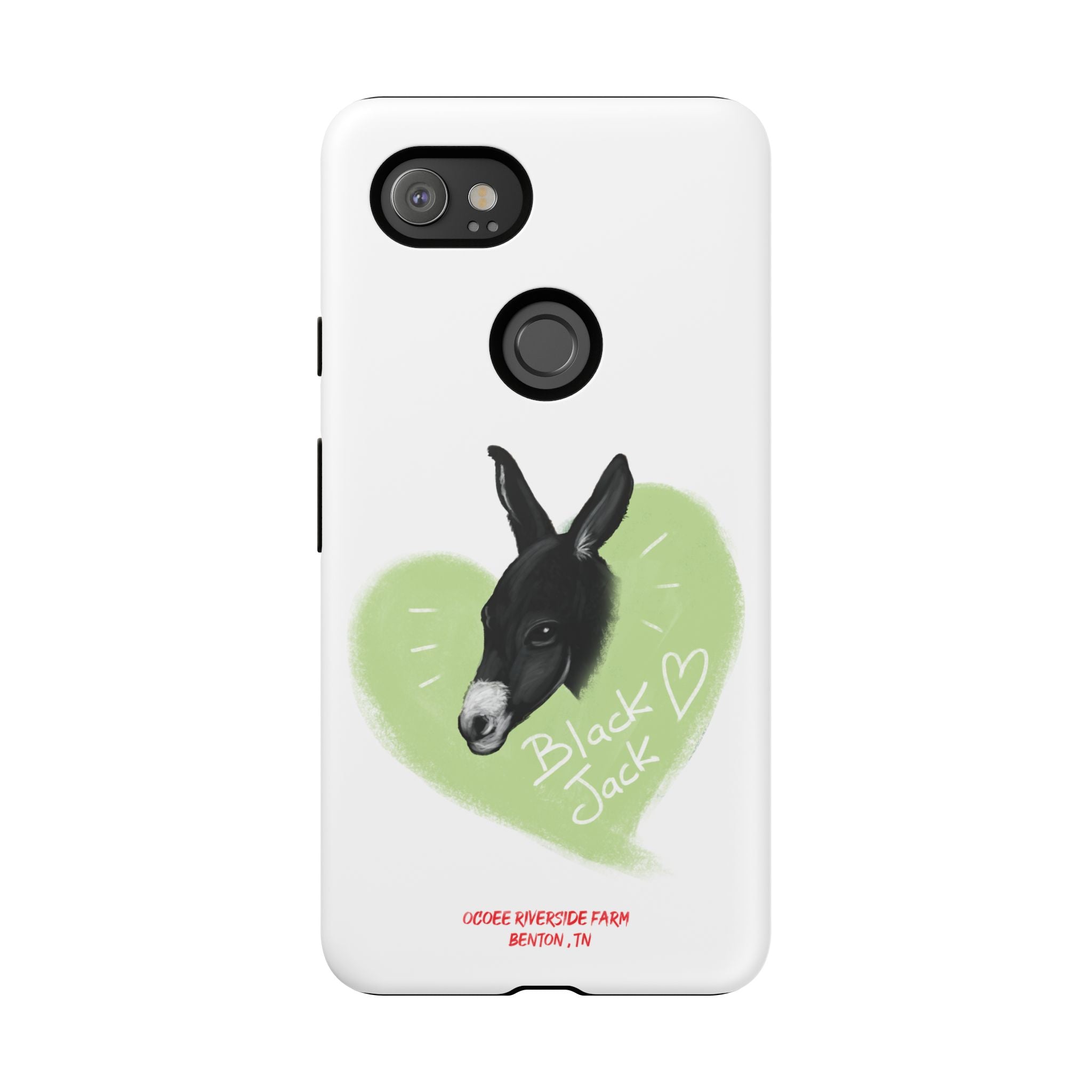 A donkey featuring the words "Black Jack" prominently displayed on its side at Ocoee Riverside Farm Phone Case