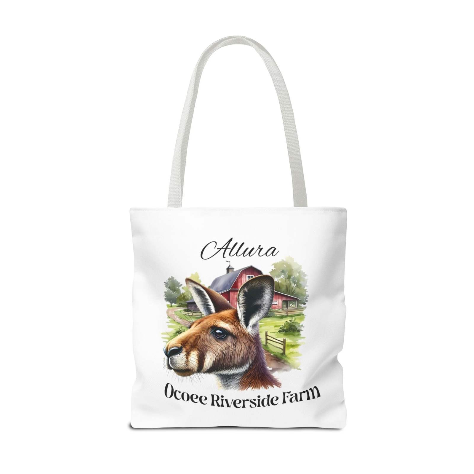 Allura Kangaroo Tote Bag featuring kangaroo and farm design, eco-friendly polyester shopping bag with reinforced handles.