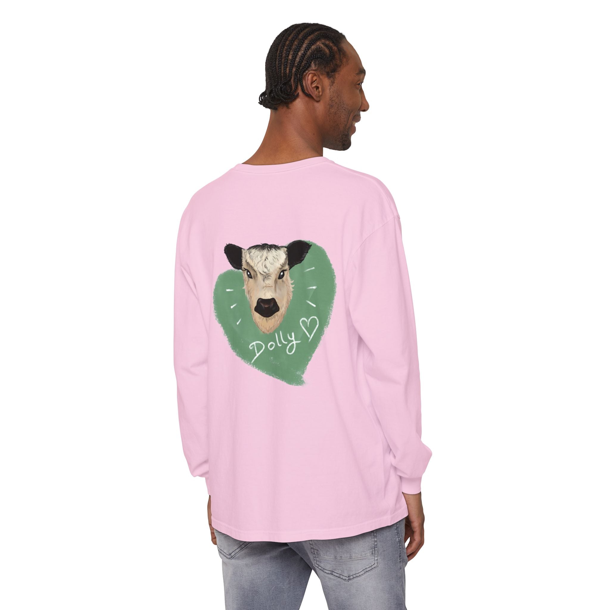 Unisex Garment-Dyed Long Sleeve T-Shirt with Cow Design - Perfect for Animal Lovers
