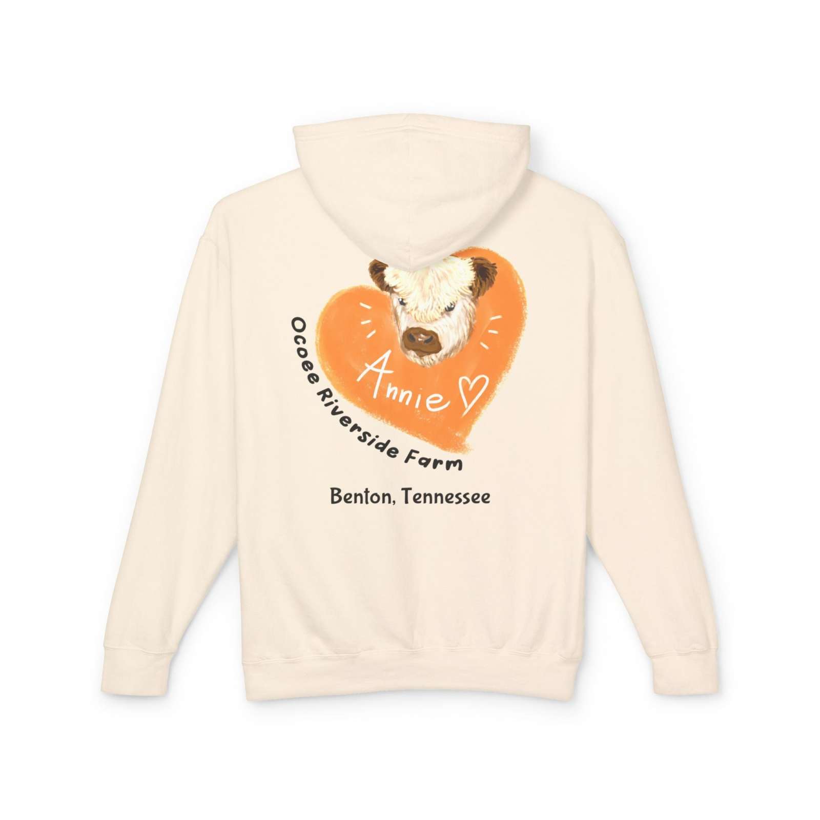 Unisex hooded sweatshirt with adorable cow design and Ocoee Riverside Farm text from Benton, Tennessee