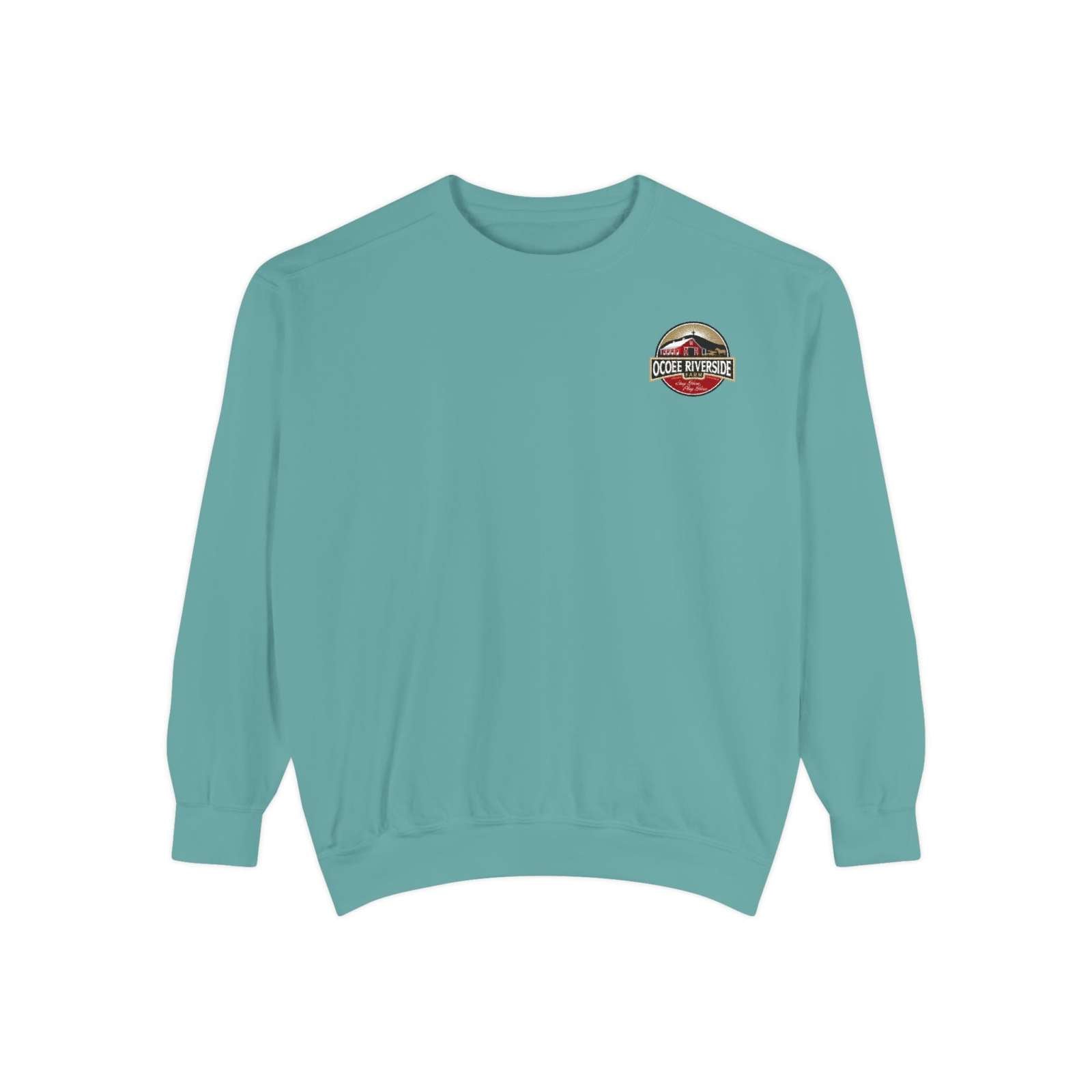 Farmhouse Cow Sweatshirt with Dolly the Red Bow Cow design in teal, comfy and stylish for country living.