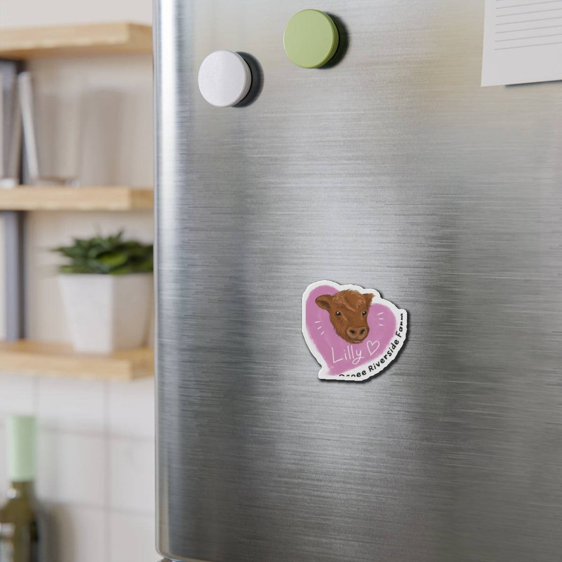 Farm Animal Die-Cut Magnet featuring a cute cow design on a refrigerator door