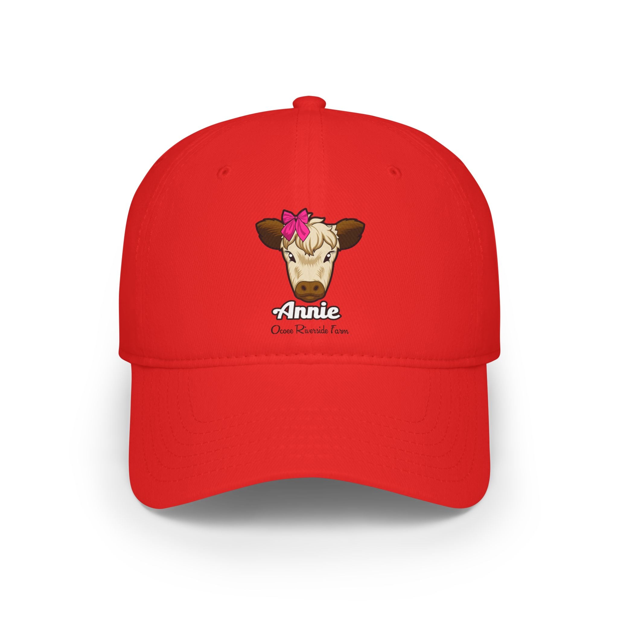 A cow adorned with a red bow on its head Named Annie - Ocoee Riverside Baseball Cap