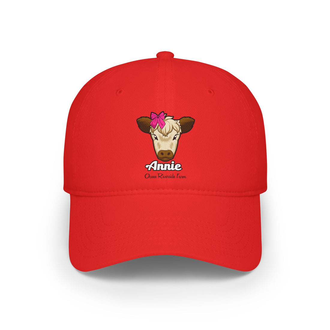 A cow adorned with a red bow on its head Named Annie - Ocoee Riverside Baseball Cap