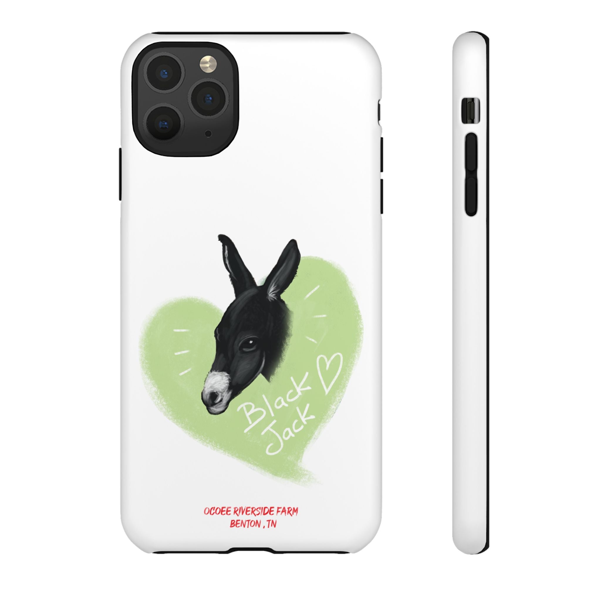 A donkey featuring the words "Black Jack" prominently displayed on its side at Ocoee Riverside Farm Phone Case