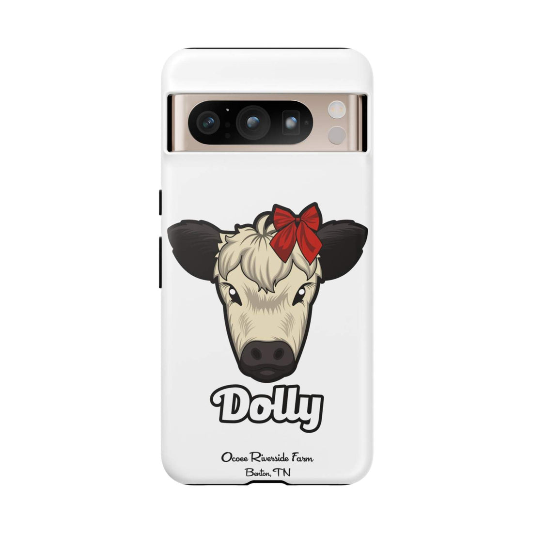 Farmhouse Chic Phone Case with Dolly the cow illustration wearing a red bow and protective durable design