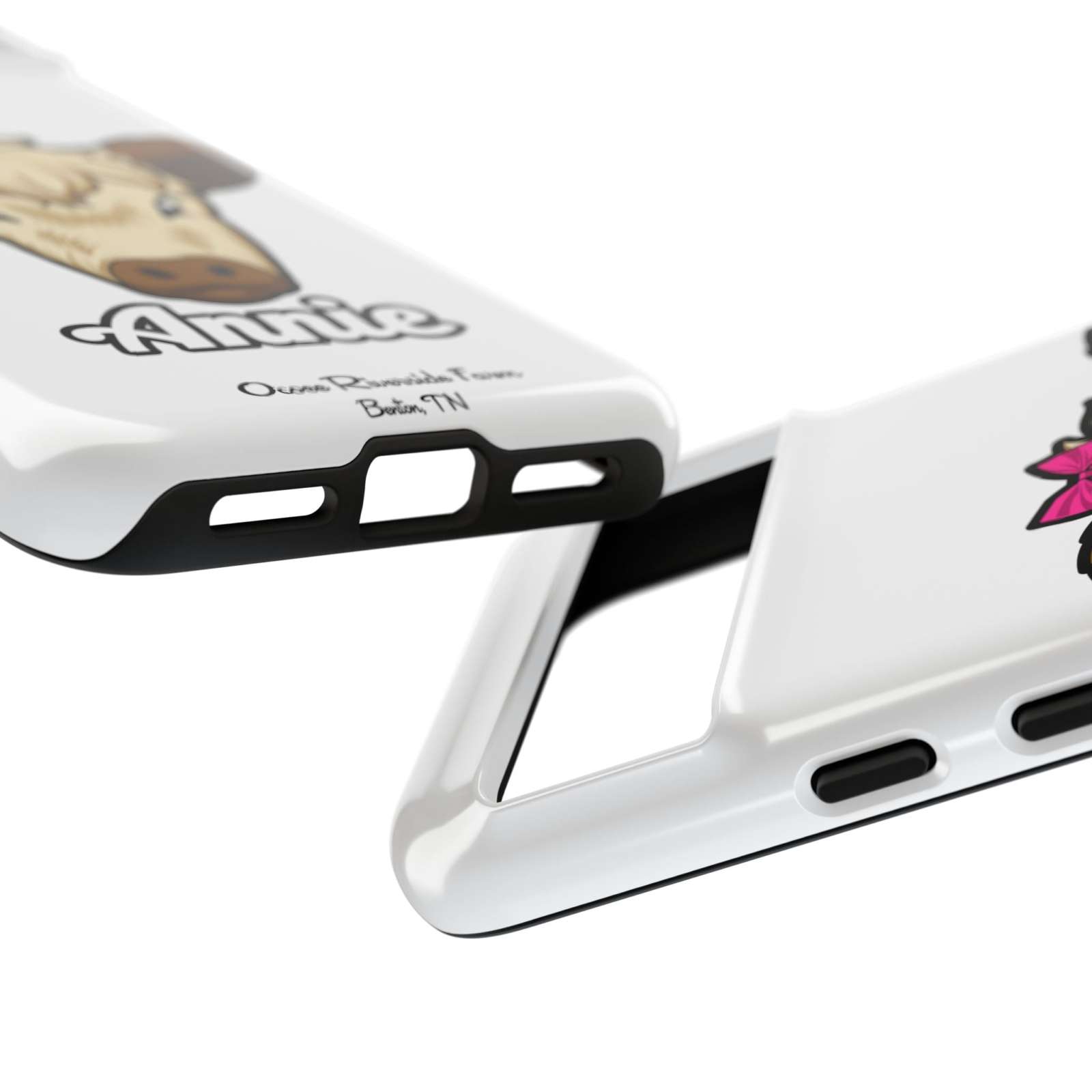 Cute Annie the Cow phone case with red bow, perfect farm animal lover gift, impact-resistant and stylish design.