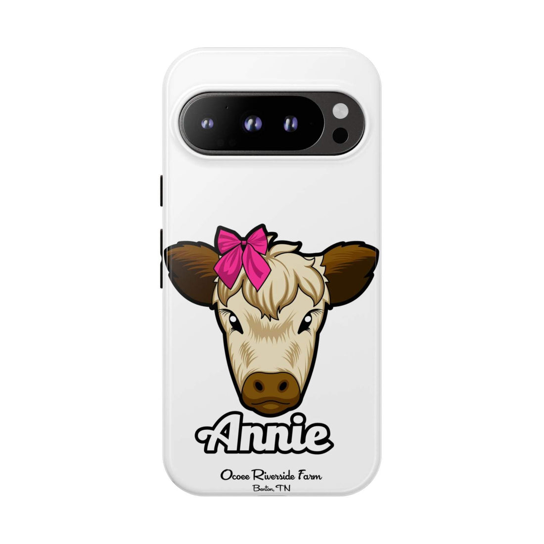 Cute cow phone case with red bow, perfect farm animal lover gift, Ocoee Riverside.