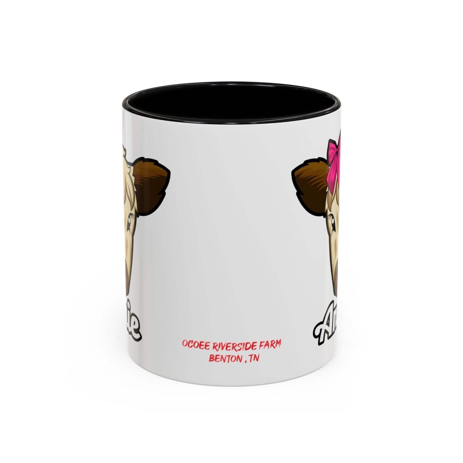 Farmhouse cow coffee mug with red-bowed cow graphic and rustic design.