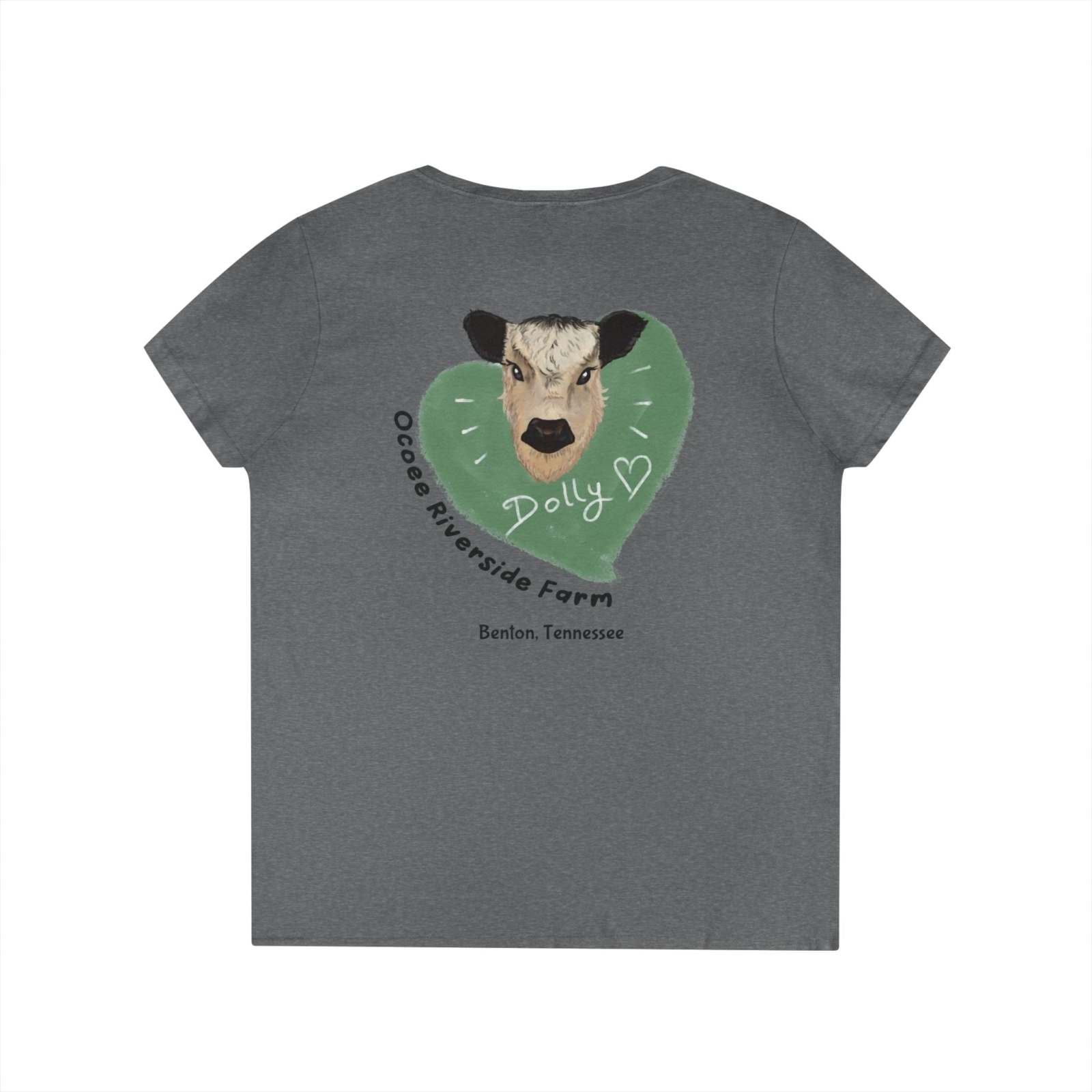 Gray Rustic Farm Style V-Neck women's T-shirt with cow face and "Dolly" text on back, casual farm-inspired design