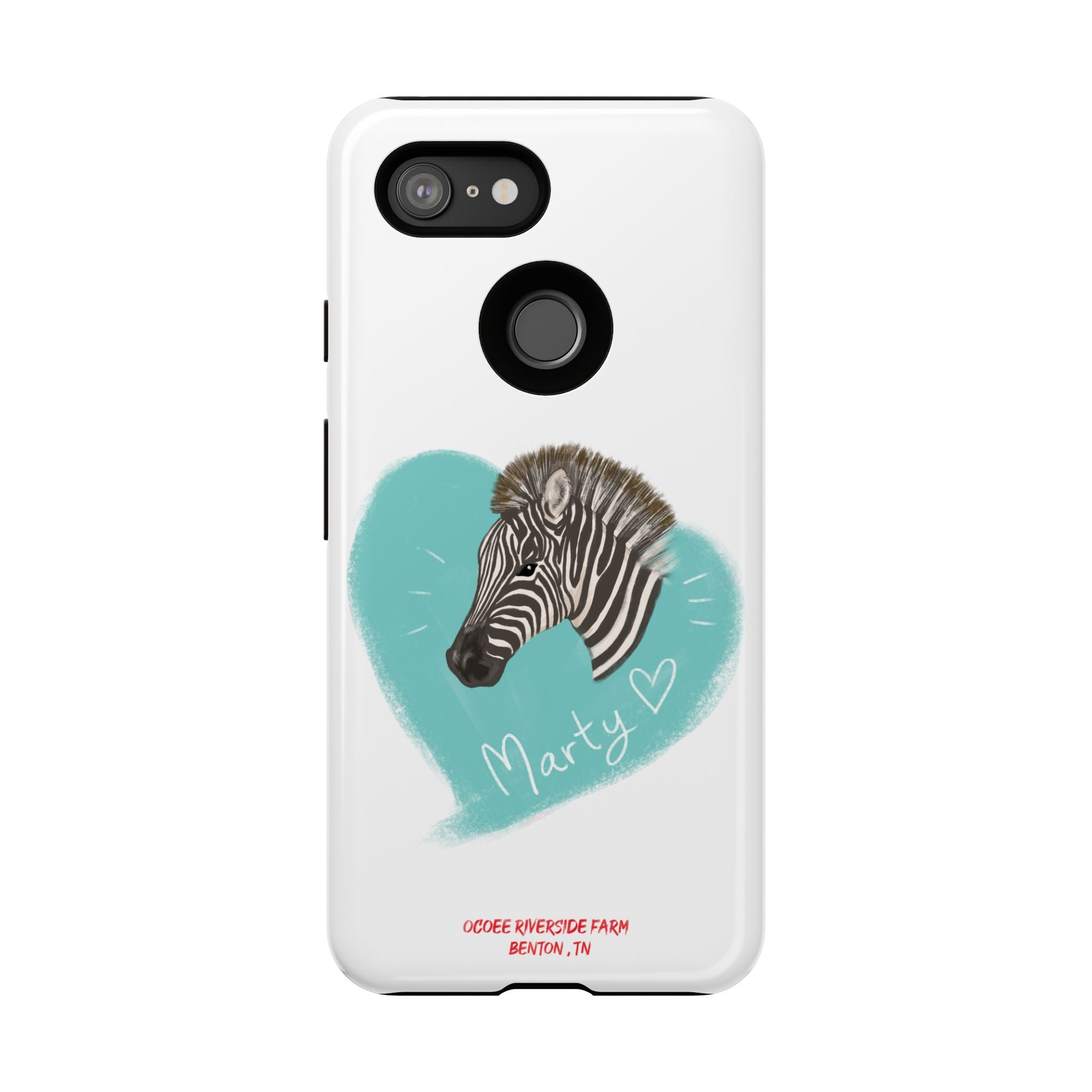 A zebra adorned with the word "Marty" creatively integrated into its stripes at Ocoee Riverside Farm Phone Case
