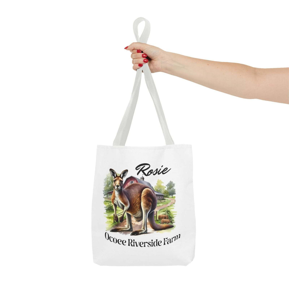 Rosie Kangaroo Tote Bag with Ocoee Riverside Farm design, eco-friendly reusable shopping bag held by a hand