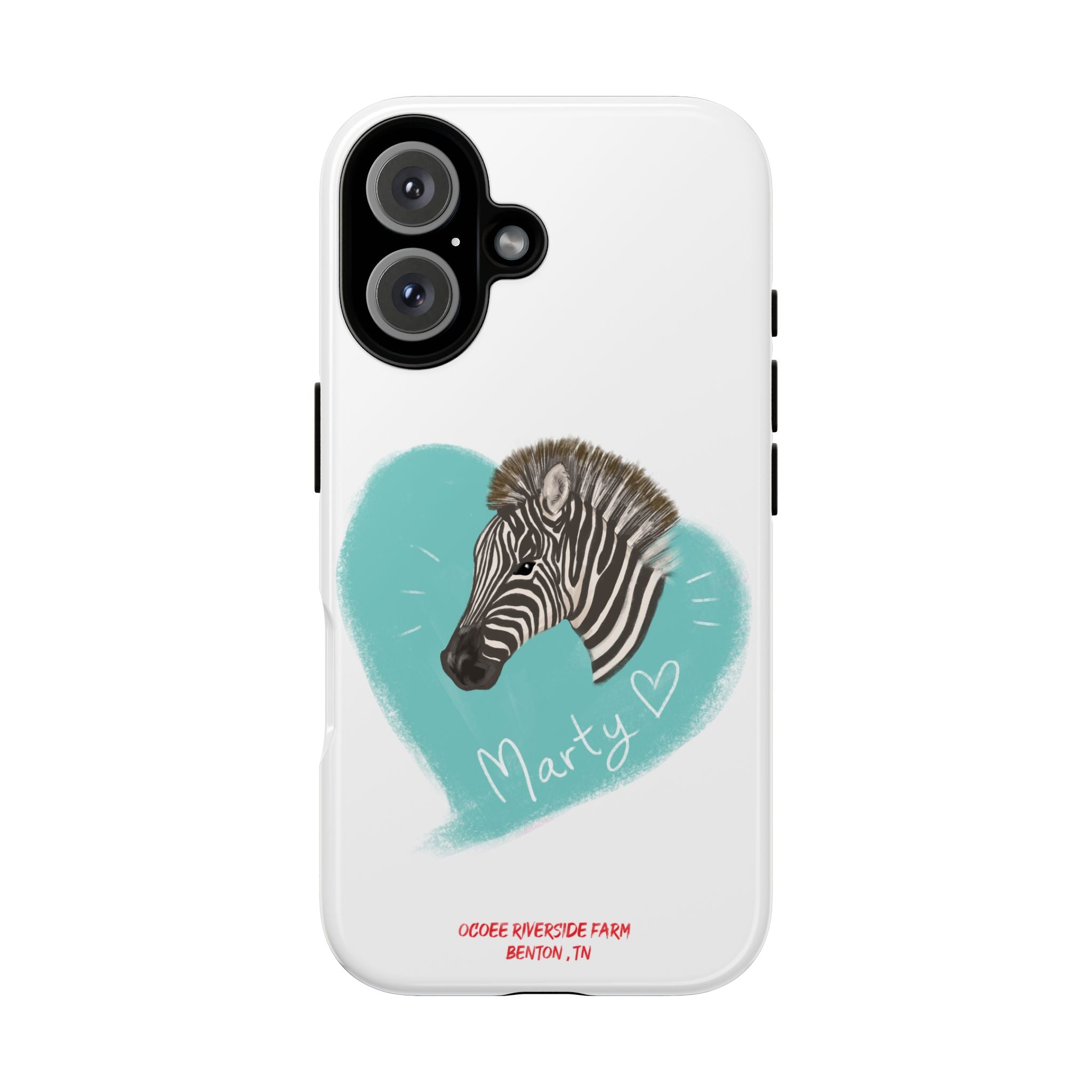 A zebra adorned with the word "Marty" creatively integrated into its stripes at Ocoee Riverside Farm Phone Case