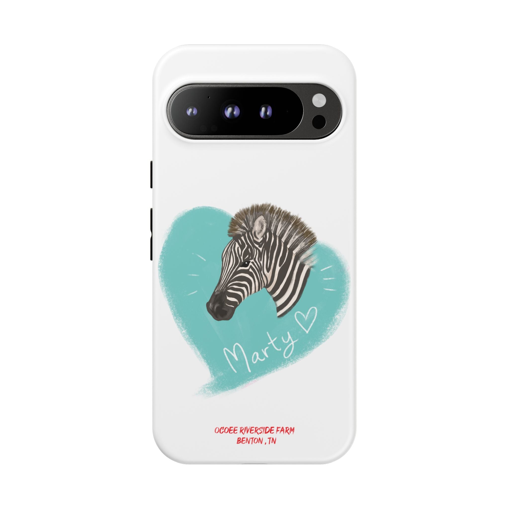 A zebra adorned with the word "Marty" creatively integrated into its stripes at Ocoee Riverside Farm Phone Case