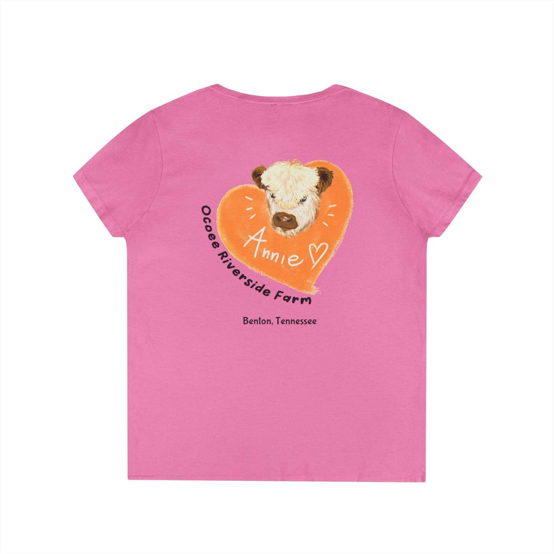 Pink Tennessee Farm Life V-Neck women's shirt featuring a heart design with a cow illustration and farm name on the back