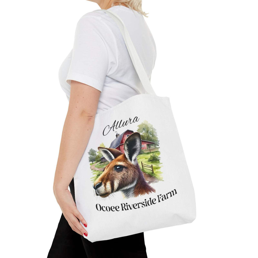 Woman carrying white Allura Kangaroo Tote Bag with farm and kangaroo design from Ocoee Riverside Farm