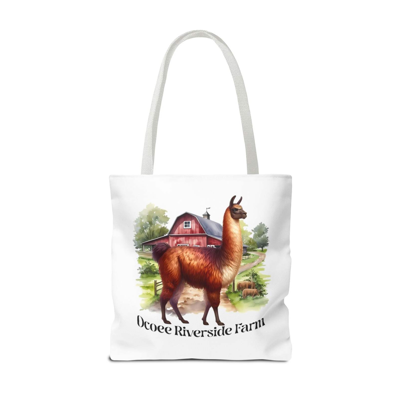 White eco-friendly tote bag featuring an alpaca and red barn design with Ocoee Riverside Farm text