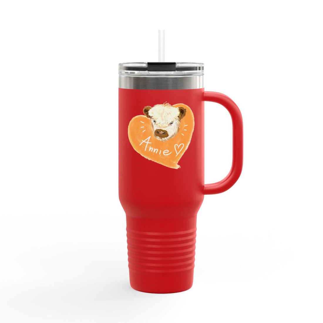 Red personalized insulated travel mug 40oz with custom name "Annie" and bear heart design, stainless steel with spill-proof lid and ergonomic handle