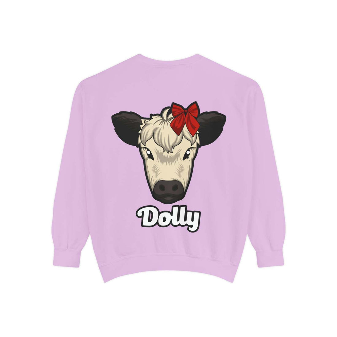 Farmhouse Cow Sweatshirt with Dolly the Red Bow Cow print on lavender background.