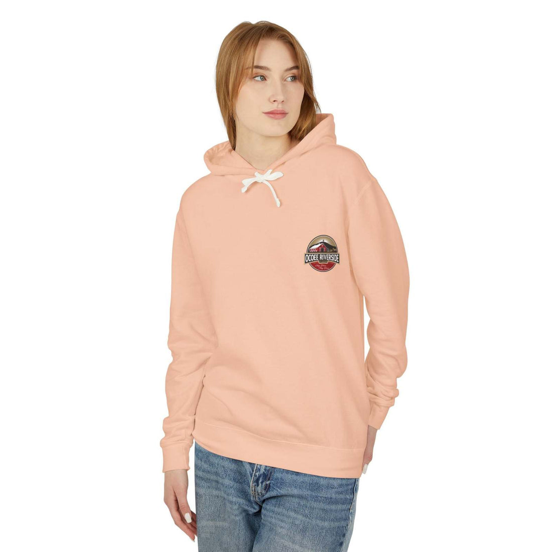 Unisex hooded sweatshirt in peach with Ocoee Riverside Farm logo, soft breathable fabric, and relaxed fit