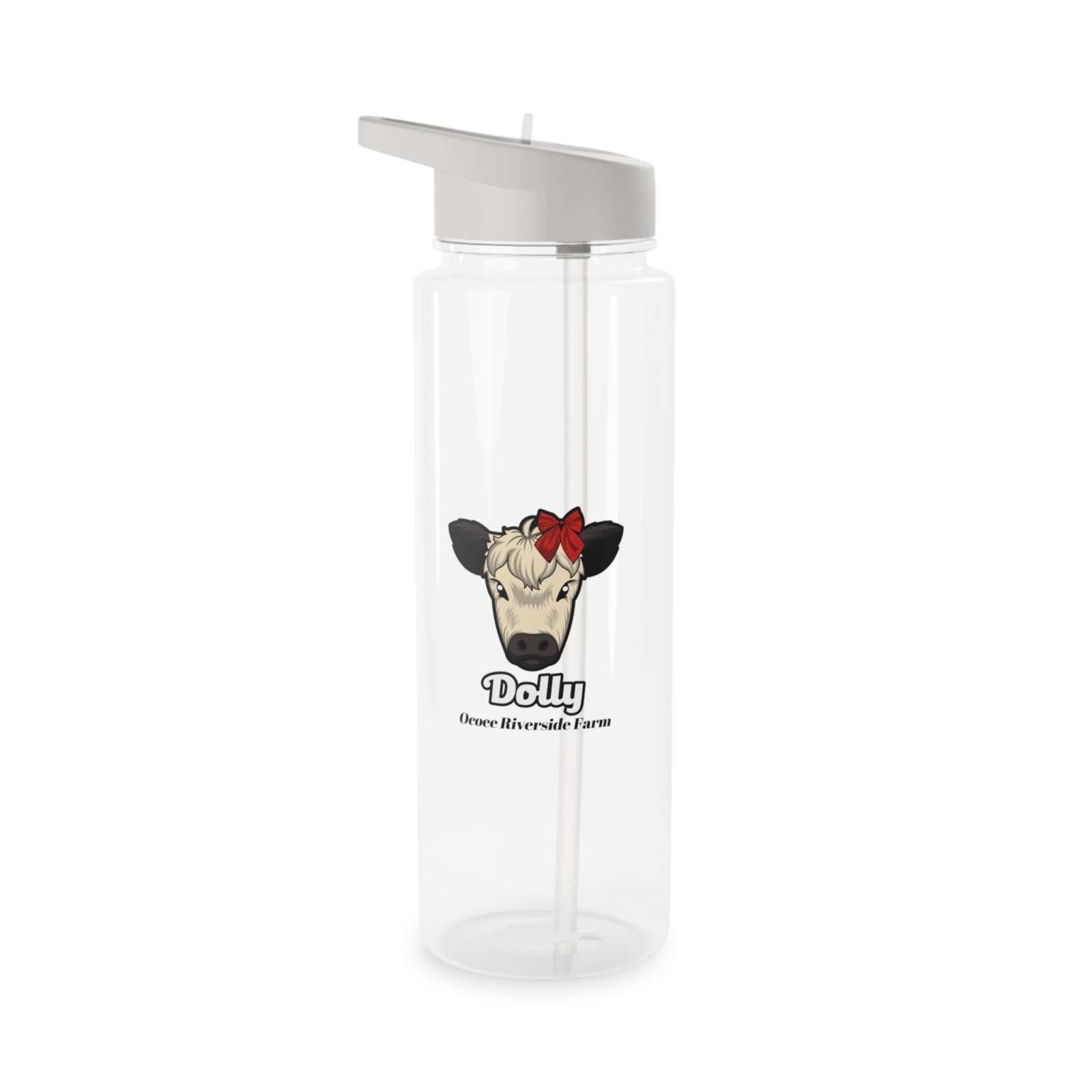 Clear water bottle with foldable straw featuring a cow face with a red bow and the text Dolly Deere Riverside Farm