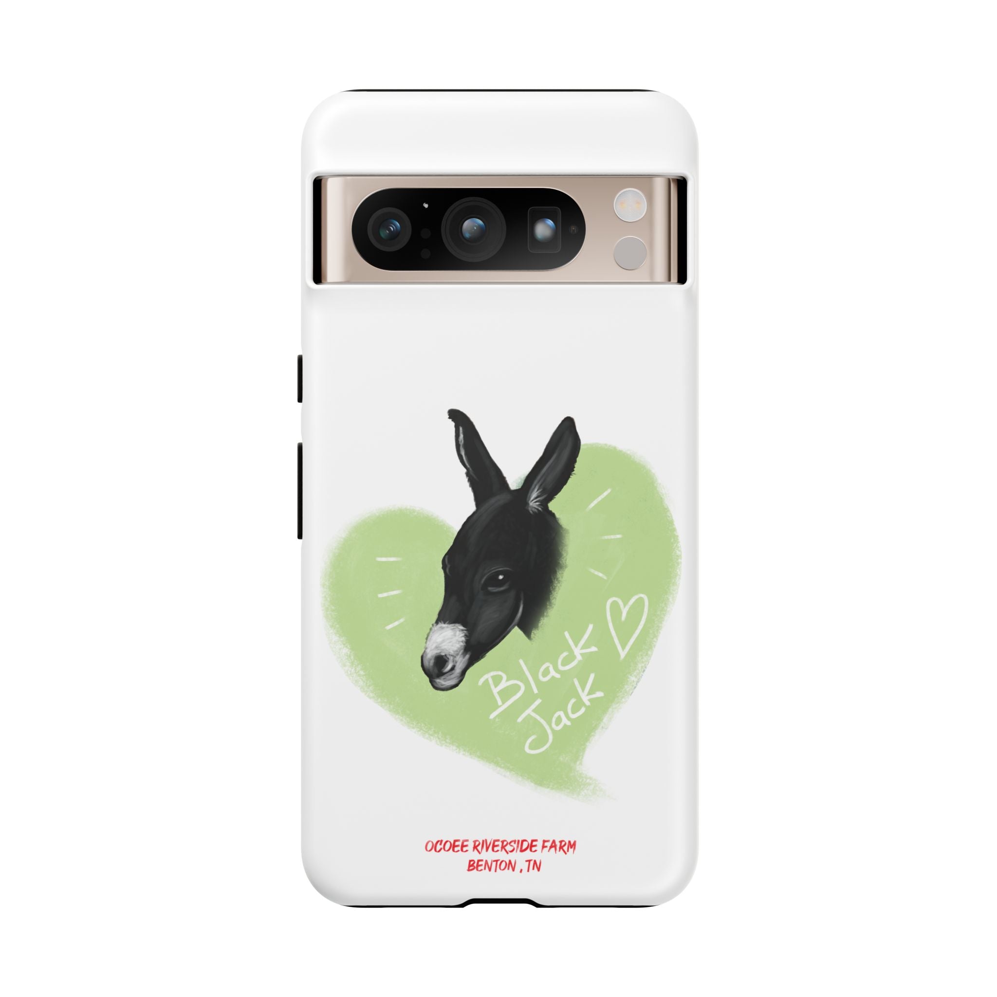 A donkey featuring the words "Black Jack" prominently displayed on its side at Ocoee Riverside Farm Phone Case