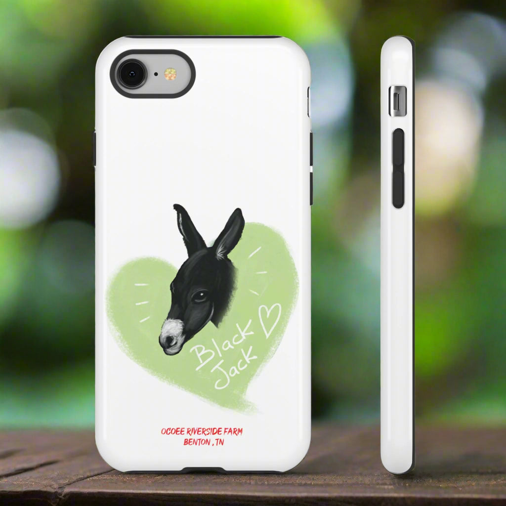 A donkey featuring the words "Black Jack" prominently displayed on its side at Ocoee Riverside Farm Phone Case
