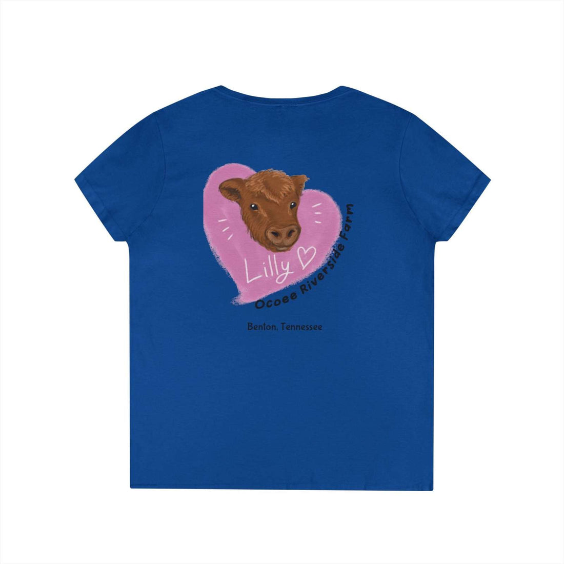 Blue women's V-neck tee with a cute cow illustration and farm-themed design on the back, made from soft cotton.