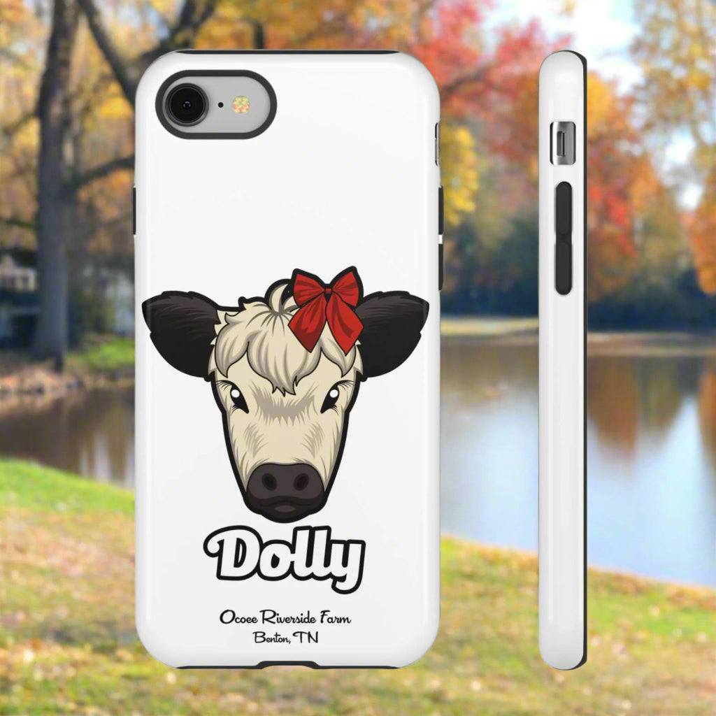Farmhouse Chic Phone Case featuring Dolly the cow with red bow, durable and stylish rustic design