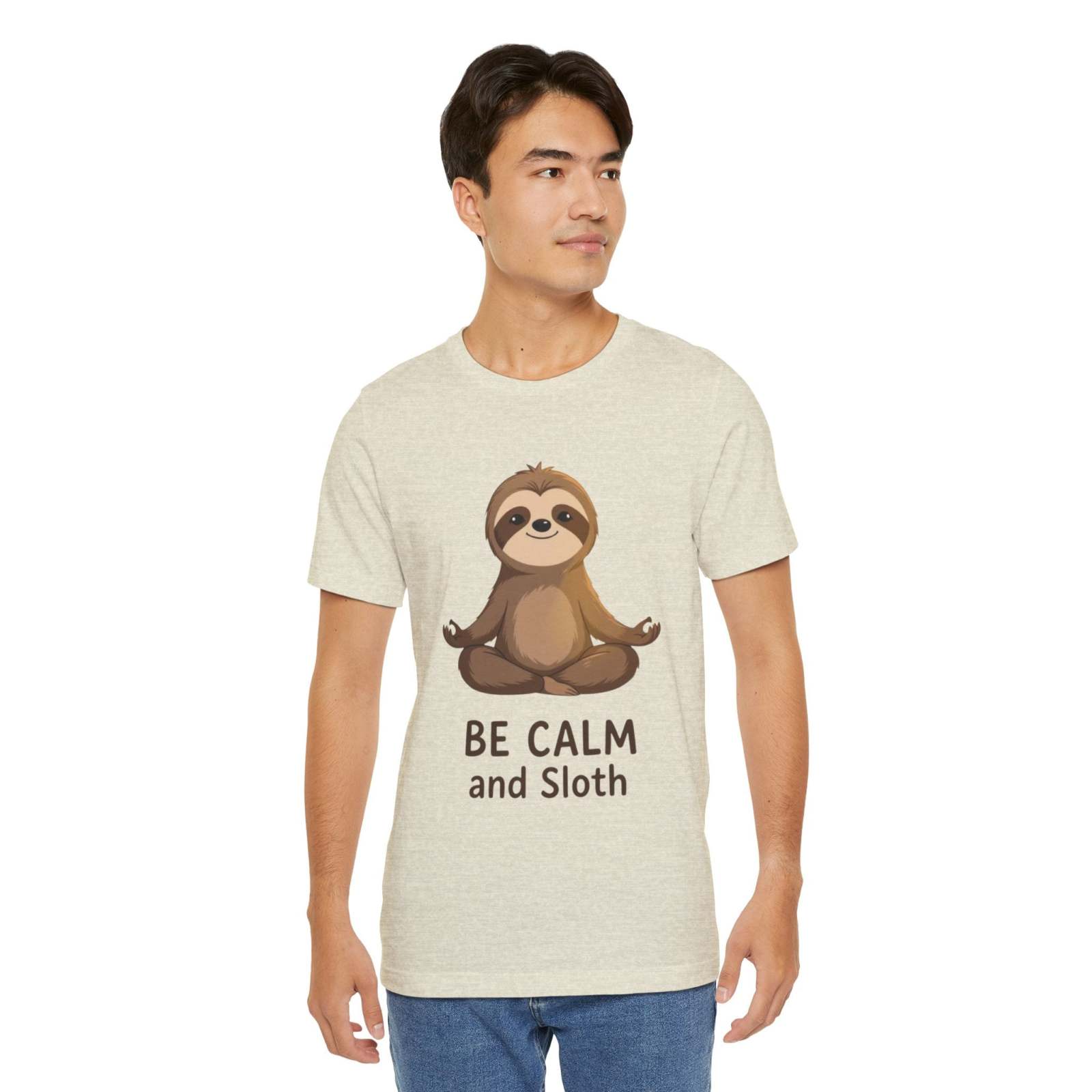 Unisex beige sloth t-shirt with "Be Calm and Sloth" graphic, comfortable casual tee