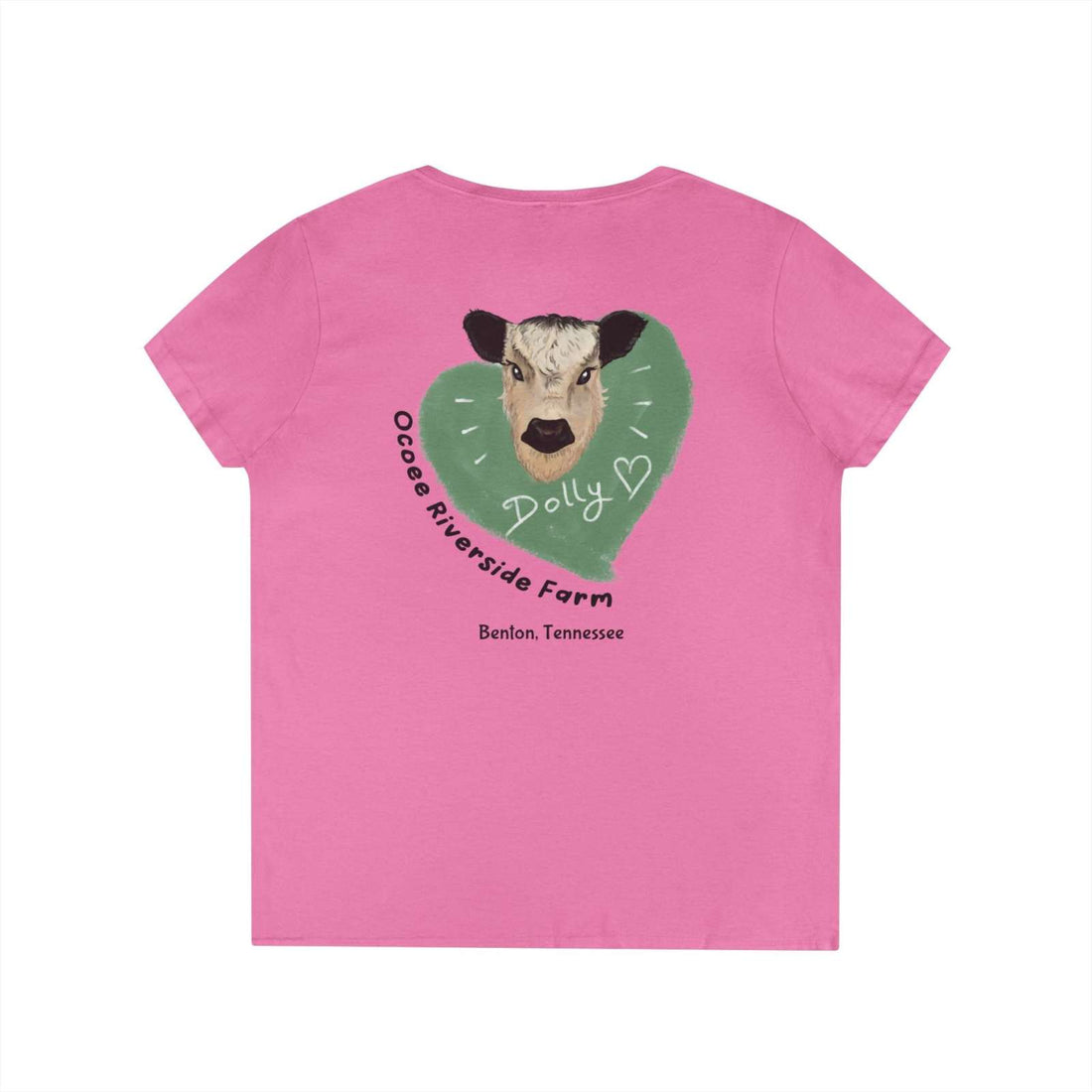 Pink women's Rustic Farm Style V-Neck t-shirt featuring a cow illustration inside a green heart with text "Ocoee Riverside Farm" and "Benlon, Tennessee" on the back