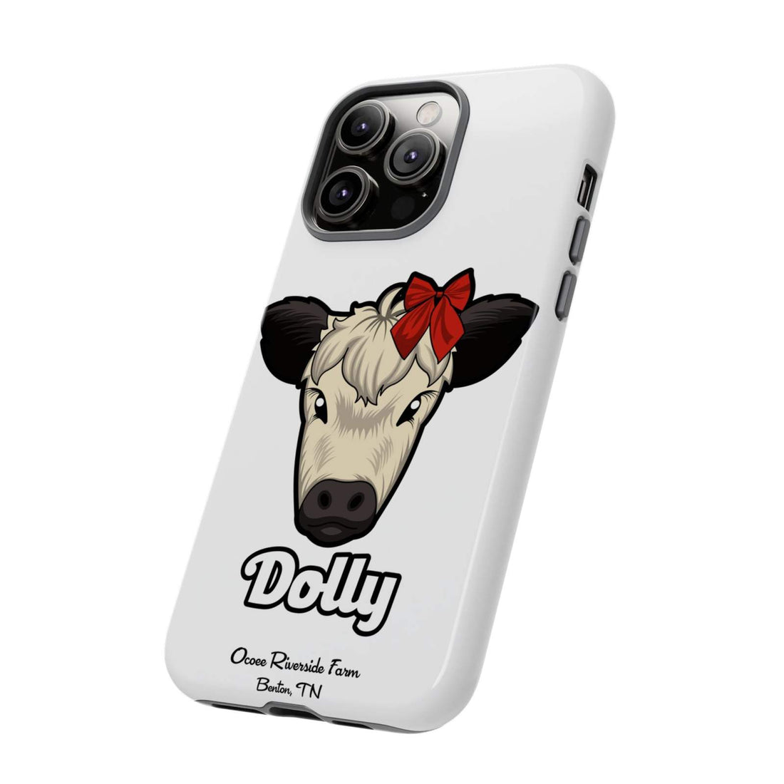 Farmhouse Chic Phone Case with Dolly the Cow design and red bow, rustic protection.