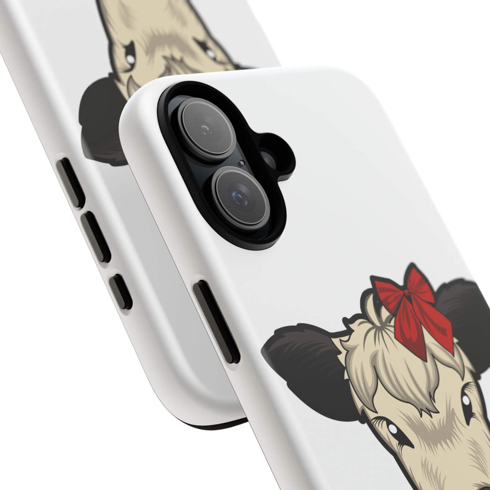 Farmhouse Chic Phone Case with Dolly the Cow design and red bow, offering rustic charm and modern protection.