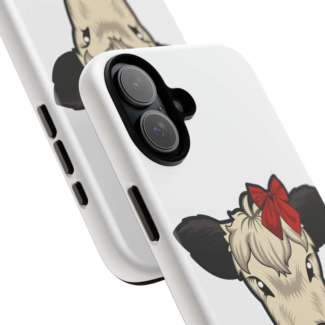 Farmhouse Chic Phone Case with Dolly the Cow design and red bow, offering rustic charm and modern protection.