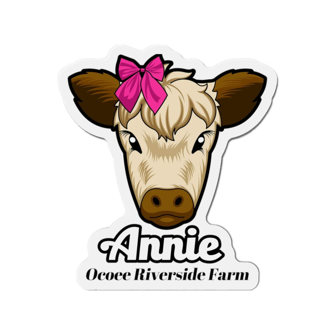 Cow die-cut magnet featuring a cute cow face with a pink bow and "Annie Ocoee Riverside Farm" text for farmhouse decor.