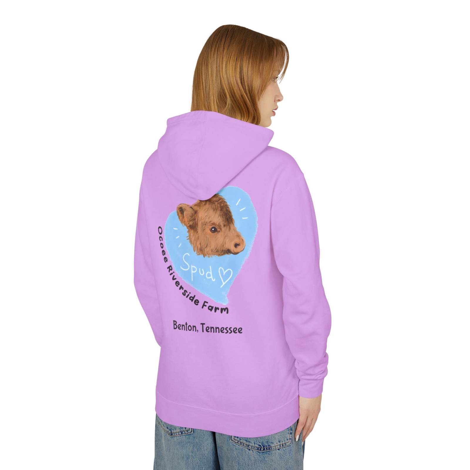 Back view of person wearing lavender Cute Cow Lightweight Hoodie with cow graphic and Ocoee Riverside Farm text