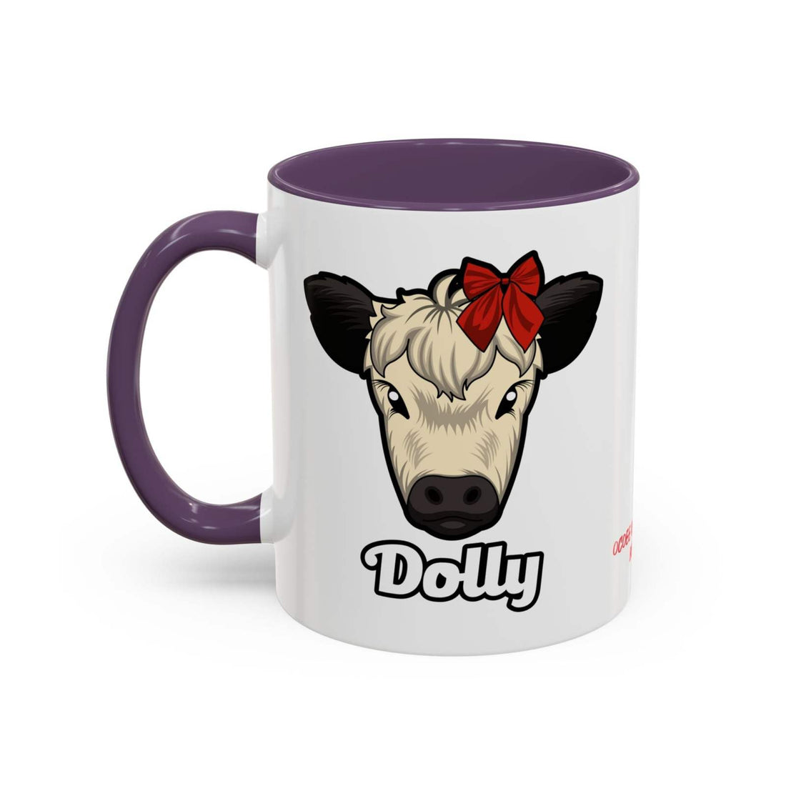 Farm Animal Coffee Mug featuring Dolly the cute cow with a red bow, white ceramic with purple handle and interior, microwave and dishwasher safe.