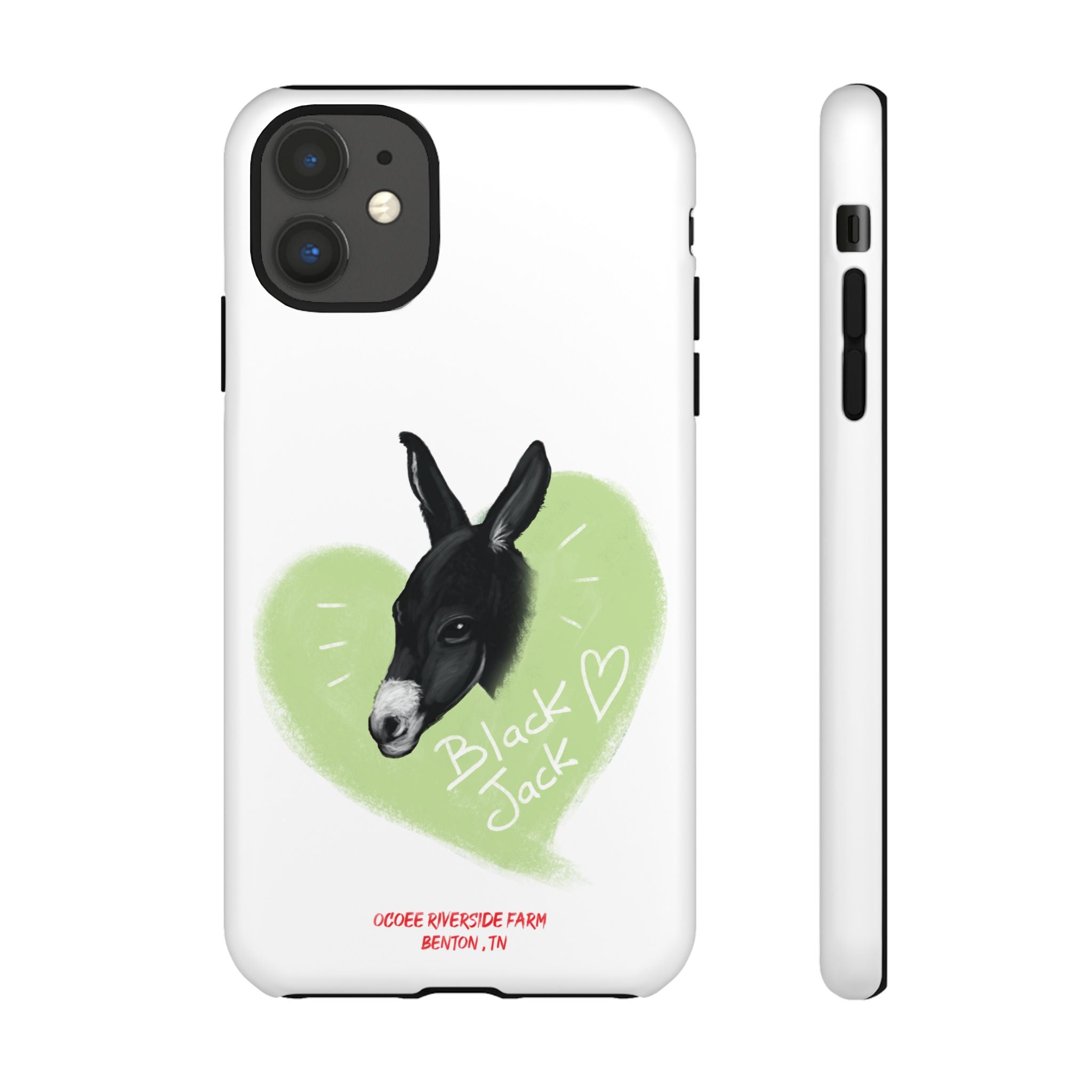 A donkey featuring the words "Black Jack" prominently displayed on its side at Ocoee Riverside Farm Phone Case