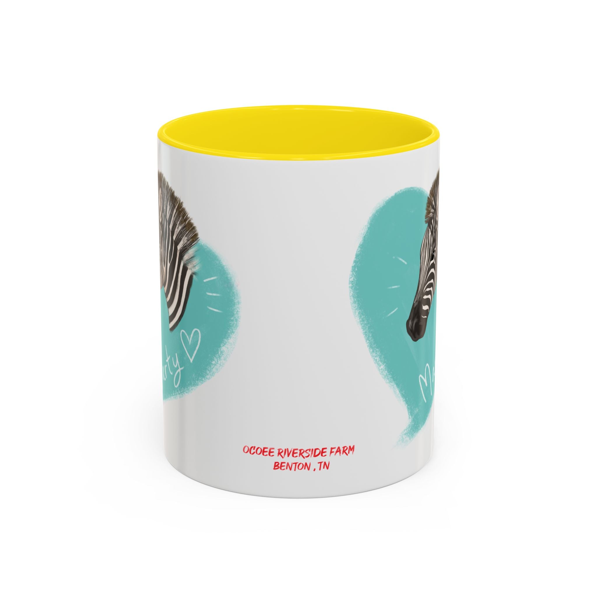 A zebra adorned with the word "Marty" creatively integrated into its stripes at Ocoee Riverside Farm Coffee Mug