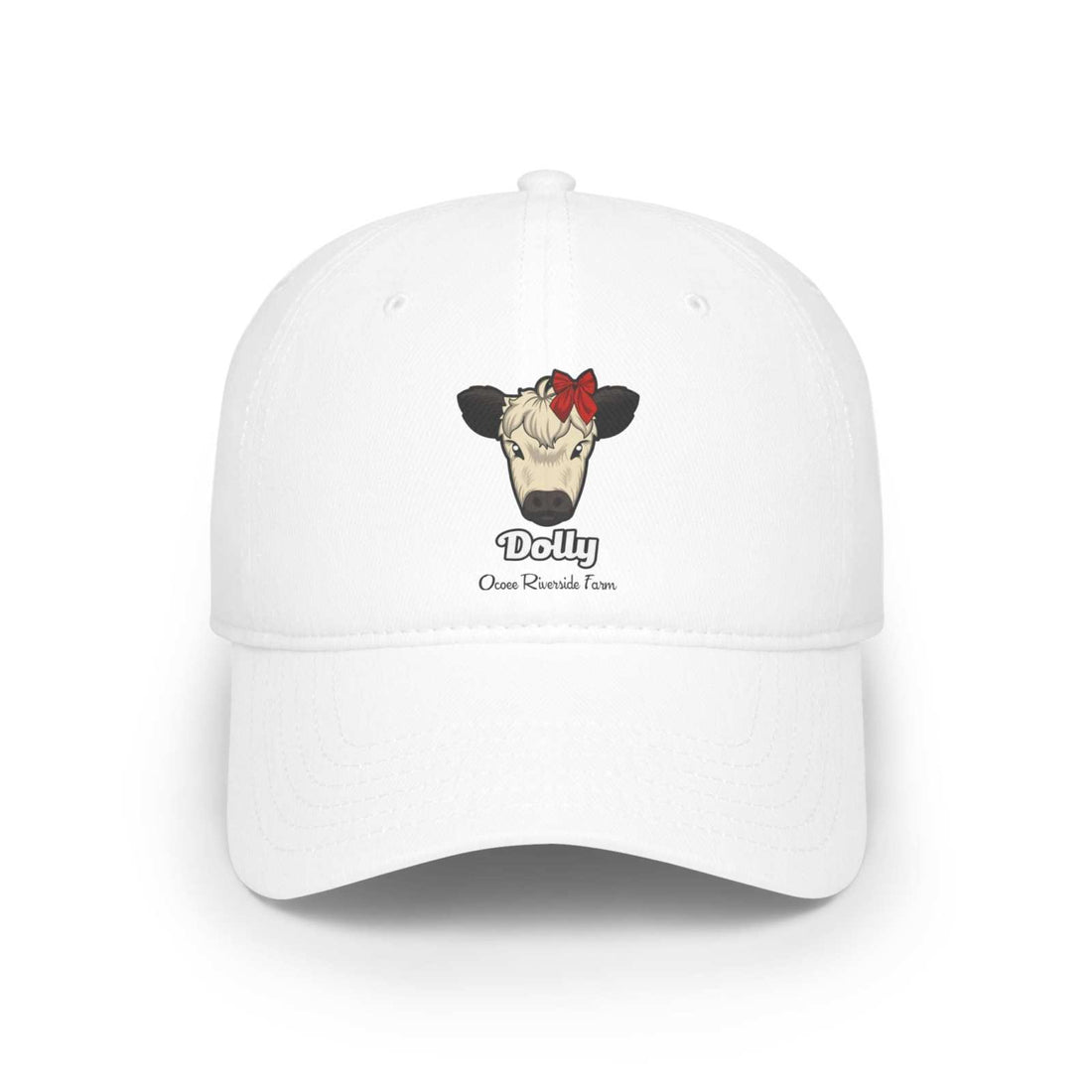 White low profile cotton baseball cap featuring a cow named Dolly with a red bow on its head and Ocoee Riverside Farm text