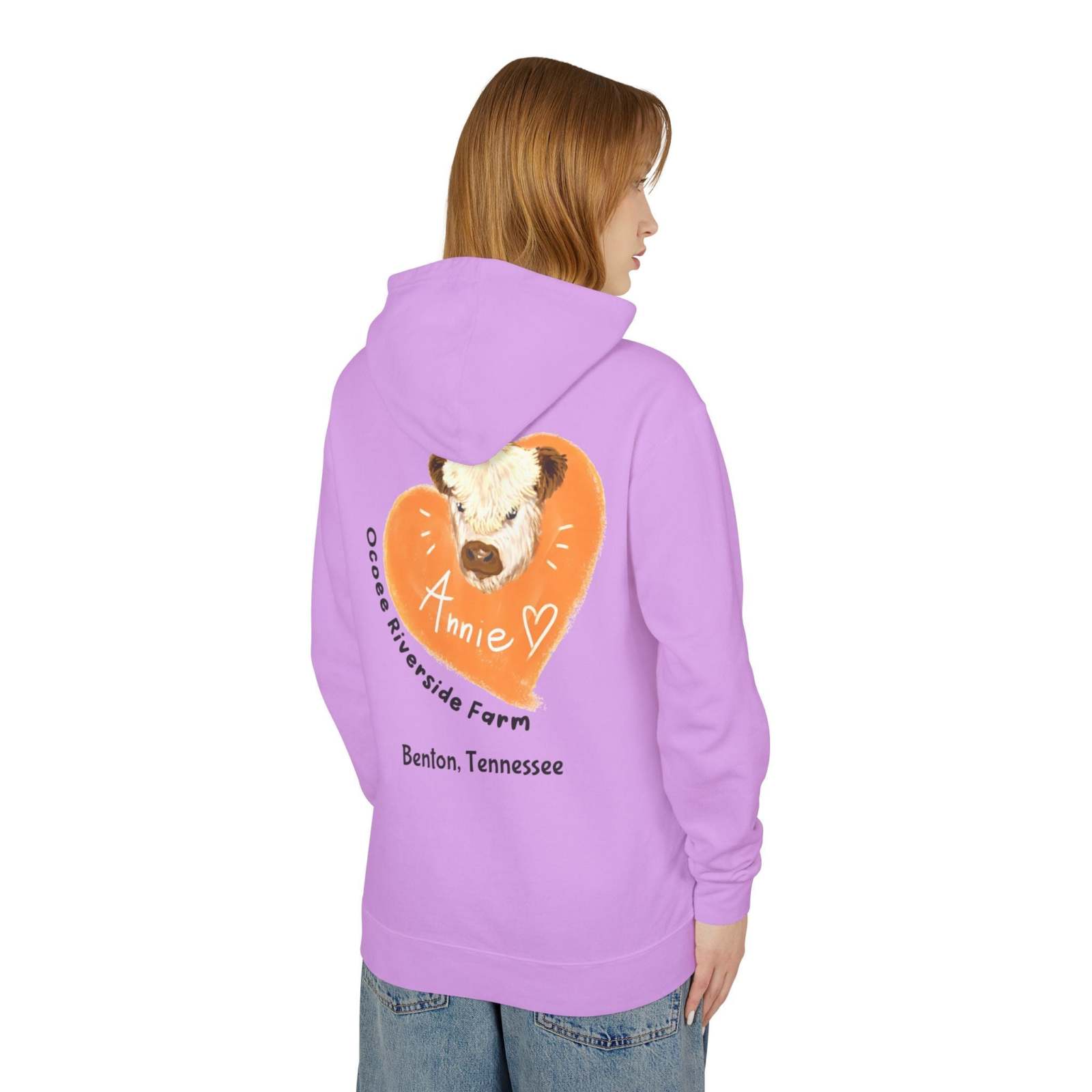Unisex hooded sweatshirt with adorable cow design from Ocoee Riverside Farm in lavender color