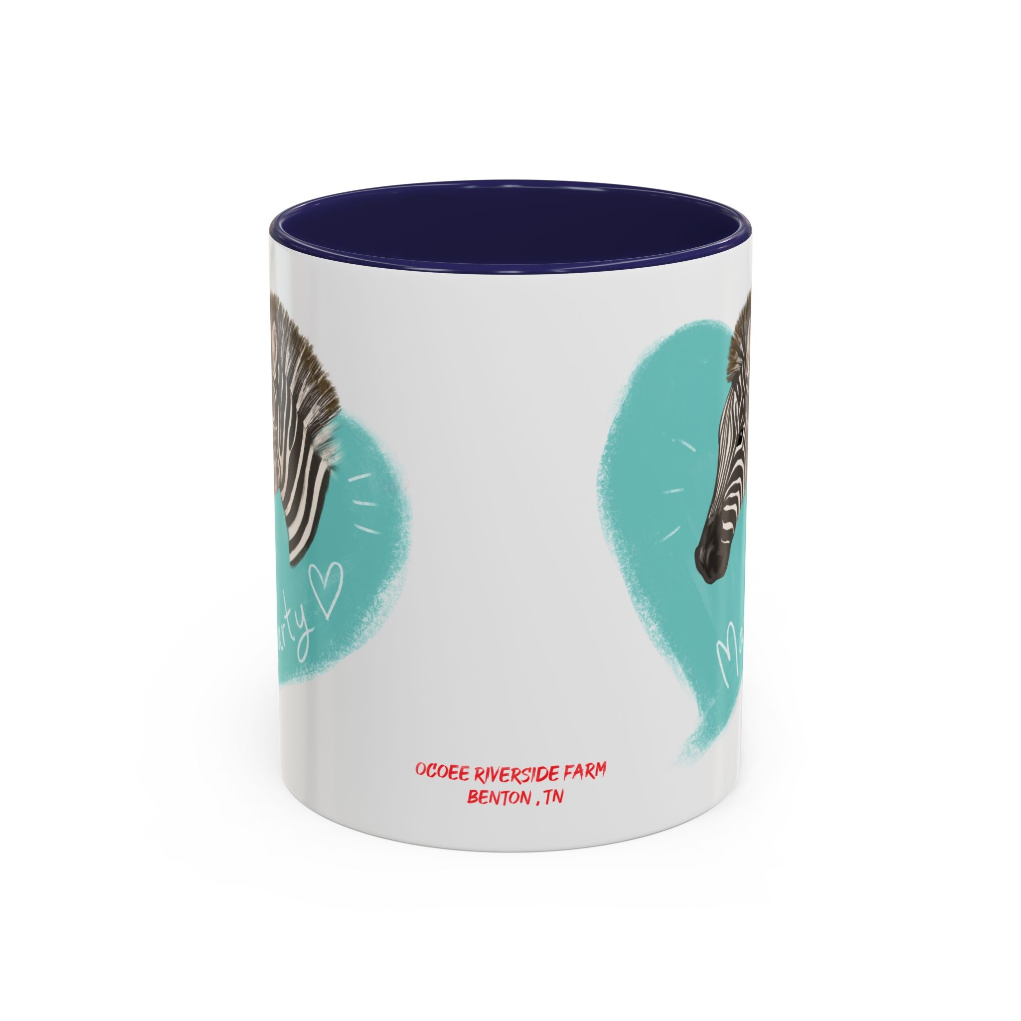 A zebra adorned with the word "Marty" creatively integrated into its stripes at Ocoee Riverside Farm Coffee Mug