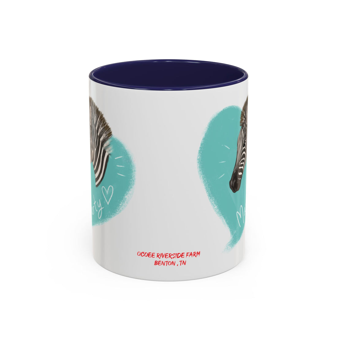A zebra adorned with the word "Marty" creatively integrated into its stripes at Ocoee Riverside Farm Coffee Mug